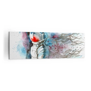 Impression sur toile - Image sur toile - Un cosmonaute dans une aquarelle dynamique avec des détails cosmiques - 160x50cm - Seul avec l'espace - Décoration murale moderne pour le salon et la chambre ARTTOR