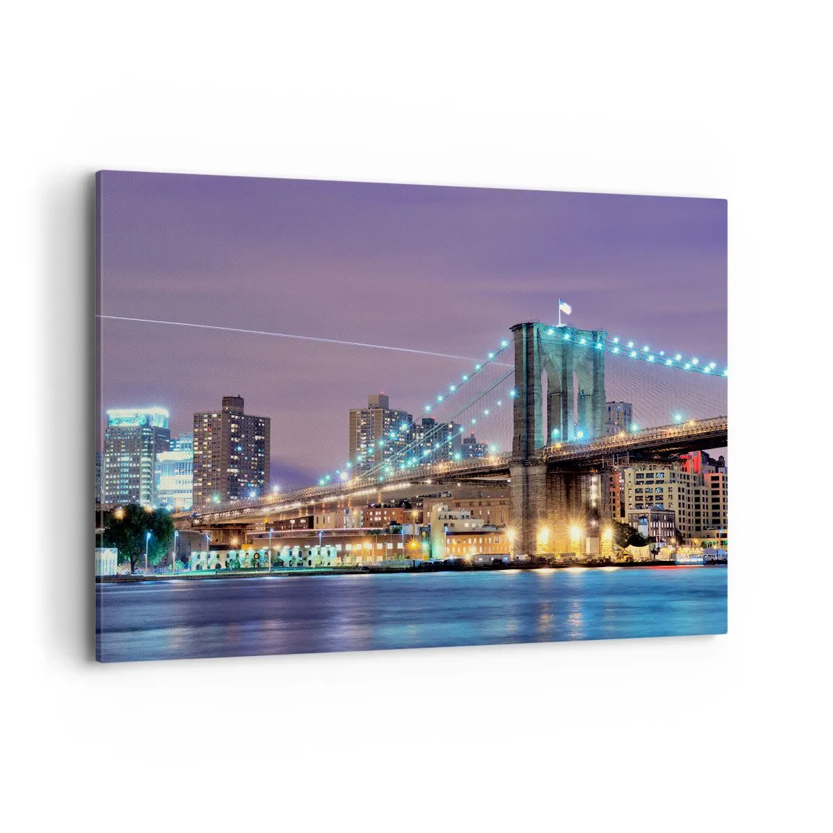 Impression sur toile - Image sur toile - Le pont de Brooklyn la nuit avec la ville illuminée en arrière-plan - 120x80cm - Depuis de nombreuses années le pont de Brooklyn - Décoration murale moderne pour le salon et la chambre ARTTOR