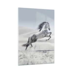 Impression sur verre - Image sur verre - Un cheval blanc bondissant sur fond de dunes du désert - 50x70cm - Prince arabe - Décoration murale moderne pour le salon et la chambre ARTTOR