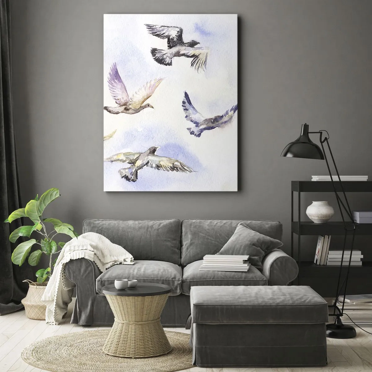 Impression sur toile - Image sur toile - Oiseaux à l'aquarelle en vol sur un ciel délicat - 50x70cm - Liberté en gris et bleu - Décoration murale moderne pour le salon et la chambre ARTTOR