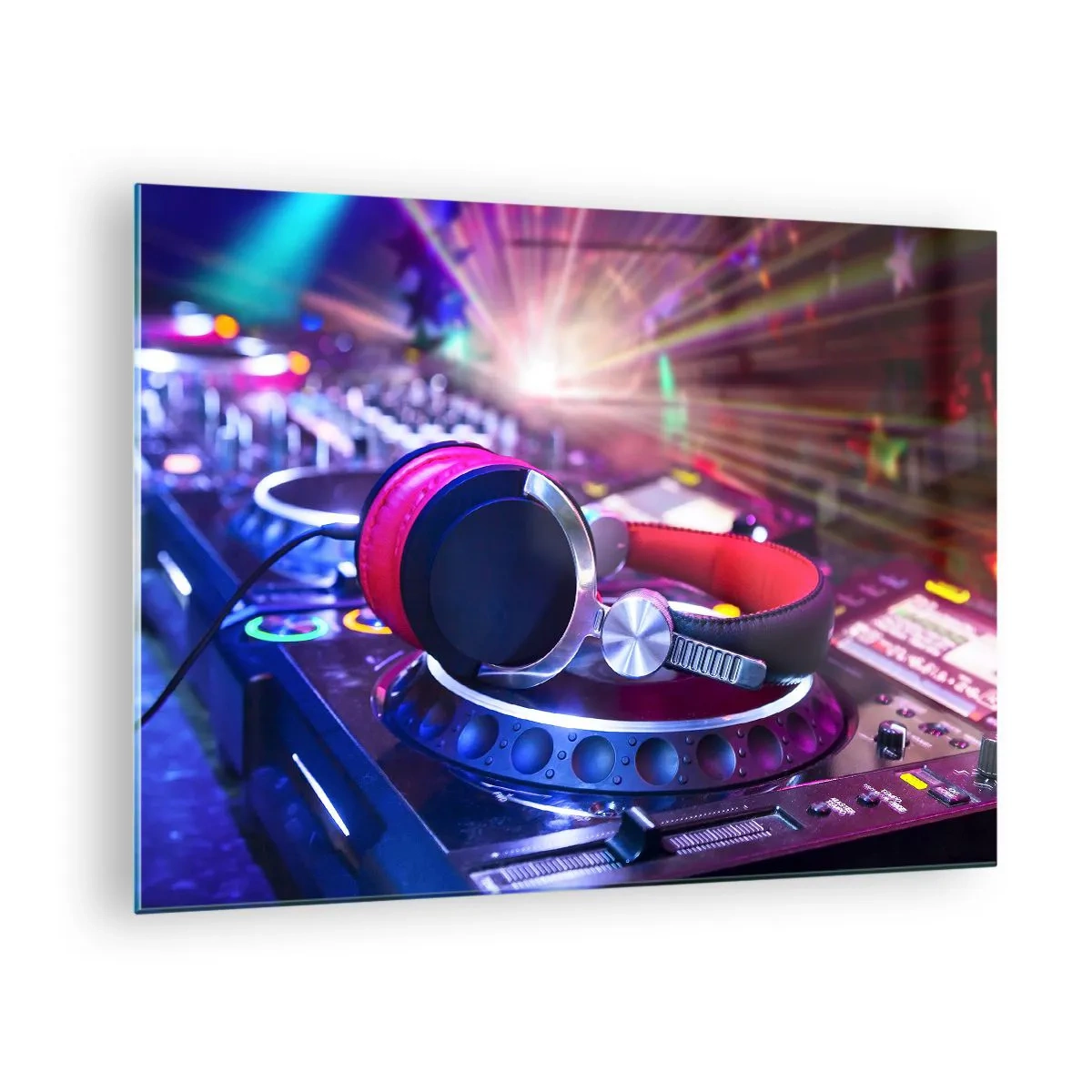 Impression sur verre - Image sur verre - Équipement DJ avec lumières colorées et casque - 70x50cm - Il va s'en passer des choses - Décoration murale moderne pour le salon et la chambre ARTTOR
