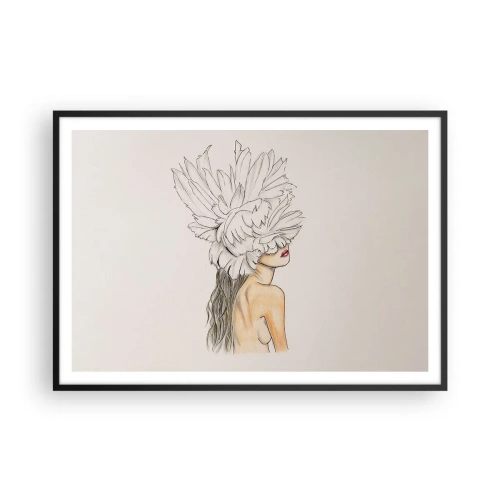 Affiche dans un cadre noir - Poster - Portrait d'une femme avec décoration de plumes dans un style artistique - 100x70cm - Beauté couronnée - Décoration murale moderne pour le salon et la chambre ARTTOR