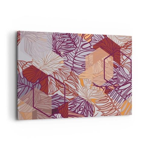 Impression sur toile - Image sur toile - Un motif décoratif de feuilles tropicales dans des tons de violet, d'orange et de beige. - 120x80cm - Relation impossible entre la géométrie et la nature - Décoration murale moderne pour le salon et la chambre ARTT