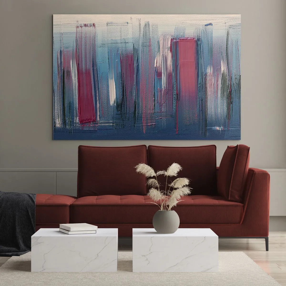 Impression sur verre - Image sur verre - Coups de pinceau verticaux en rouge et bleu sur fond beige - 100x70cm - Composition verticale en bleu et rouge - Décoration murale moderne pour le salon et la chambre ARTTOR