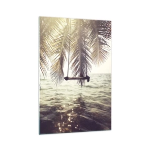 Impression sur verre - Image sur verre - Palmier avec une balançoire au-dessus de l'eau au soleil - 70x100cm - Vous pouvez vous balancer dans les nuages 