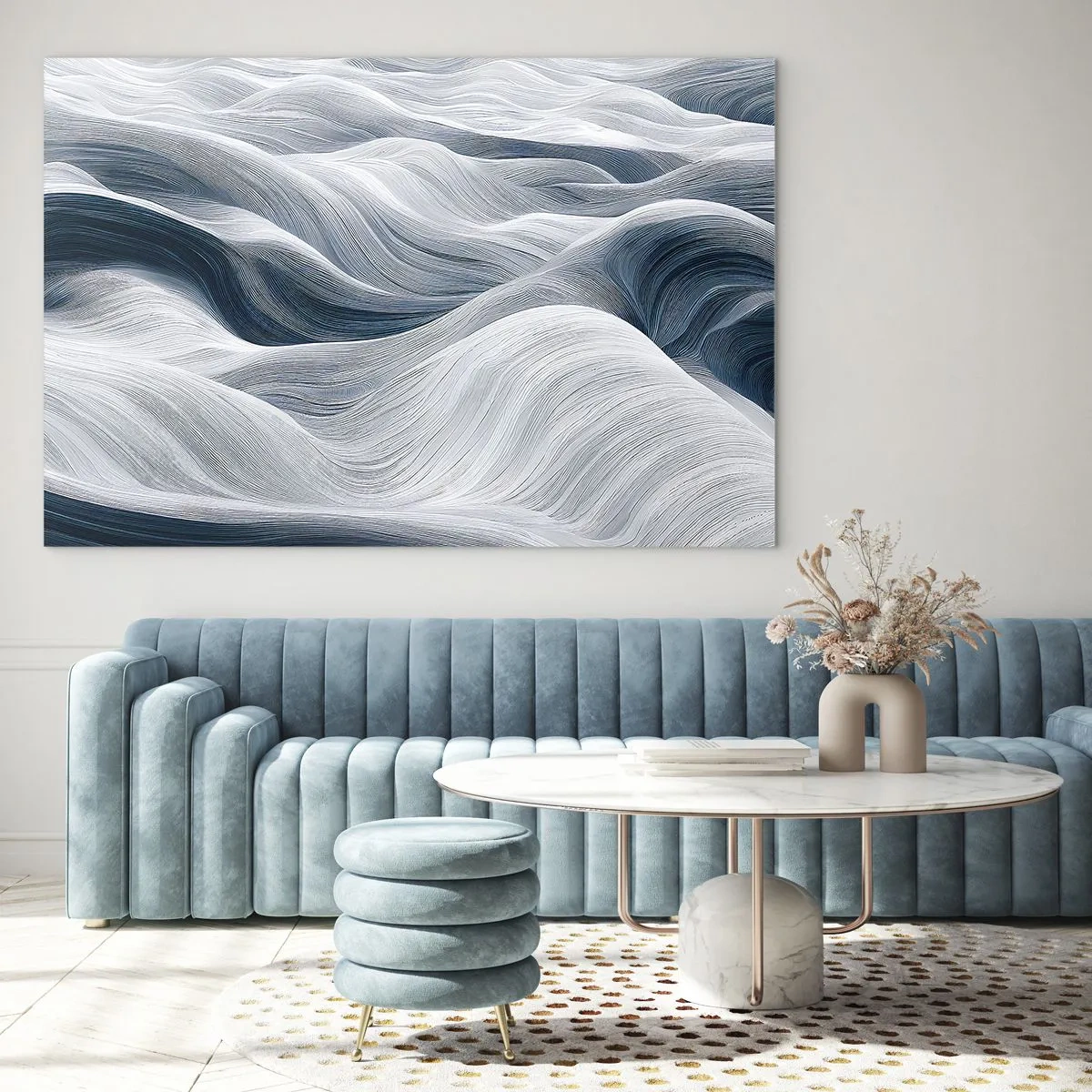 Impression sur verre - Image sur verre - Des vagues abstraites dans des tons de blanc et de bleu créant un effet de mouvement - 70x50cm - Vagues blanches et bleues - Décoration murale moderne pour le salon et la chambre ARTTOR