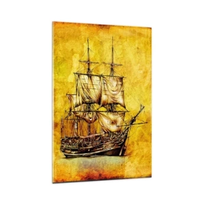 Impression sur verre - Image sur verre - Un dessin stylisé d'un voilier sur fond doré avec une touche vintage. - 80x120cm - En direction de l'ile de la tortue ! - Décoration murale moderne pour le salon et la chambre ARTTOR