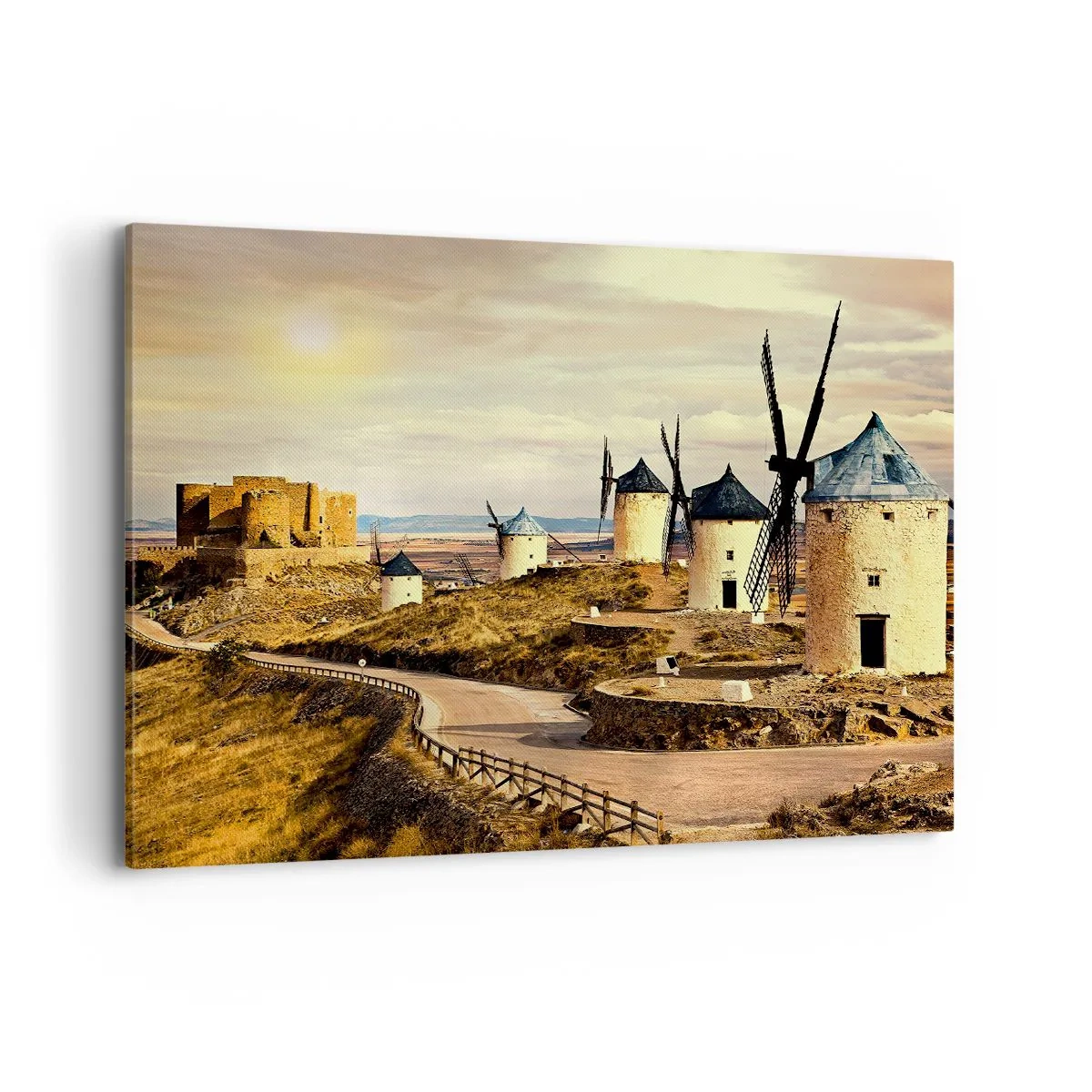 Impression sur toile - Image sur toile - Moulins à vent sur les collines avec un château historique en arrière-plan - 100x70cm - Don Quichotte est sur le point d'arriver - Décoration murale moderne pour le salon et la chambre ARTTOR