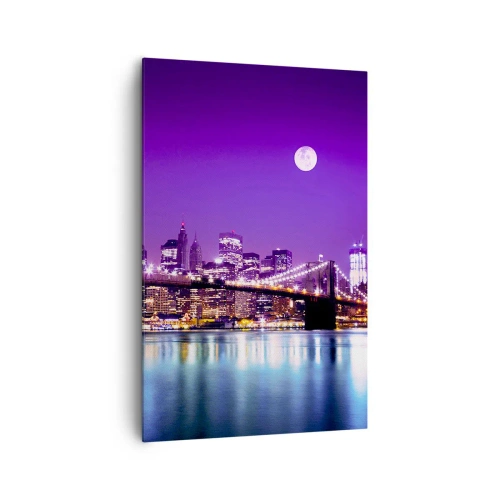 Impression sur toile - Image sur toile - Pont de Brooklyn la nuit avec la ville illuminée et la pleine lune - 80x120cm - Lumières de grande ville en violet - Décoration murale moderne pour le salon et la chambre ARTTOR