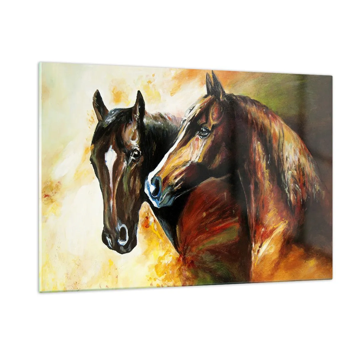 Impression sur verre - Image sur verre - Deux chevaux dans une composition artistique et dynamique - 120x80cm - Deux fois plus gracieux - Décoration murale moderne pour le salon et la chambre ARTTOR