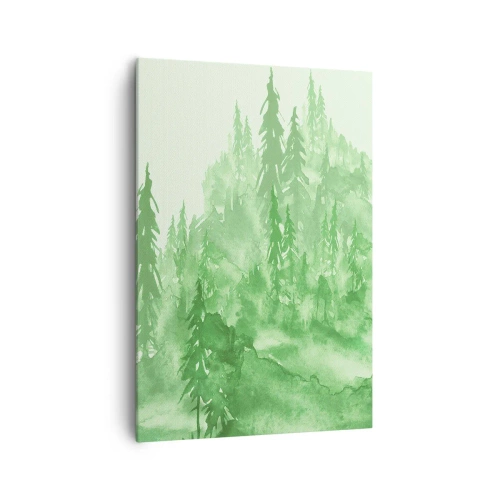 Impression sur toile - Image sur toile - Forêt verte dans un style aquarelle sur un fond clair - 70x100cm - Flou de brouillard vert - Décoration murale moderne pour le salon et la chambre ARTTOR