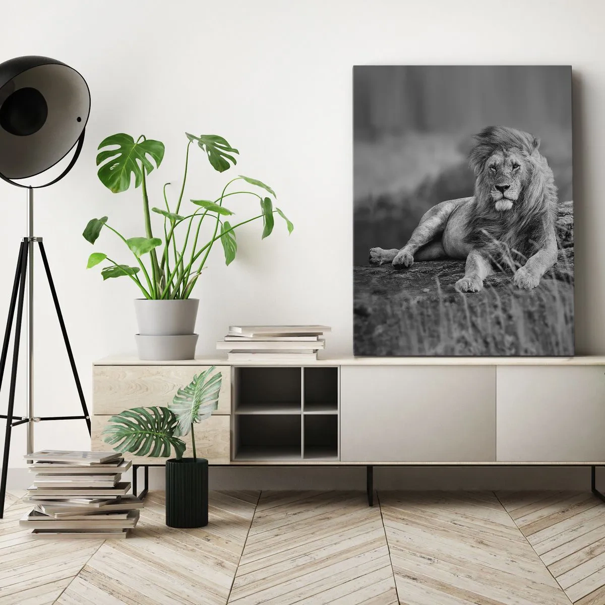 Impression sur toile - Image sur toile - Lion reposant sur un rocher dans un style monochrome - 80x120cm - Sieste royale - Décoration murale moderne pour le salon et la chambre ARTTOR