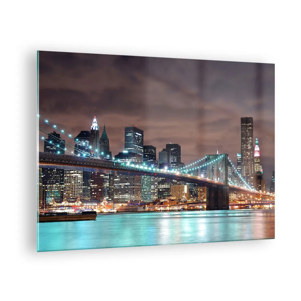 Impression sur verre - Image sur verre - Panorama nocturne de la ville avec le pont illuminé - 70x50cm - Lumières des grandes villes - Décoration murale moderne pour le salon et la chambre ARTTOR