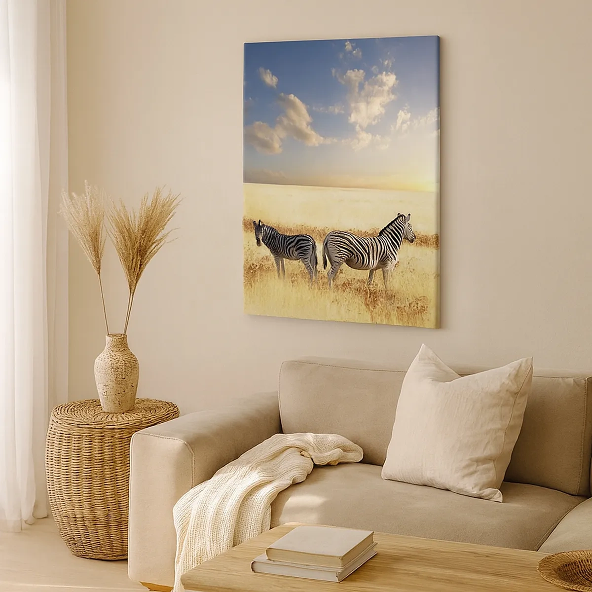 Impression sur toile - Image sur toile - Deux zèbres dans la savane sous les rayons du soleil couchant - 50x70cm - Va-t'en, n'ai pas de paix - Décoration murale moderne pour le salon et la chambre ARTTOR