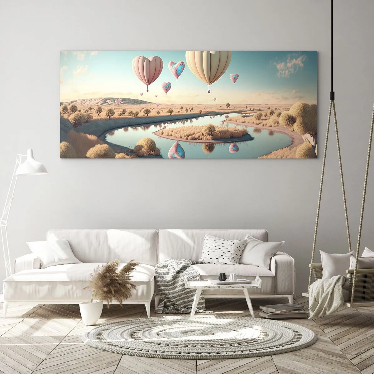 Impression sur verre - Image sur verre - Des ballons en forme de cœur flottant au-dessus du paysage - 140x50cm - L'amour te permet de t'élever - Décoration murale moderne pour le salon et la chambre ARTTOR