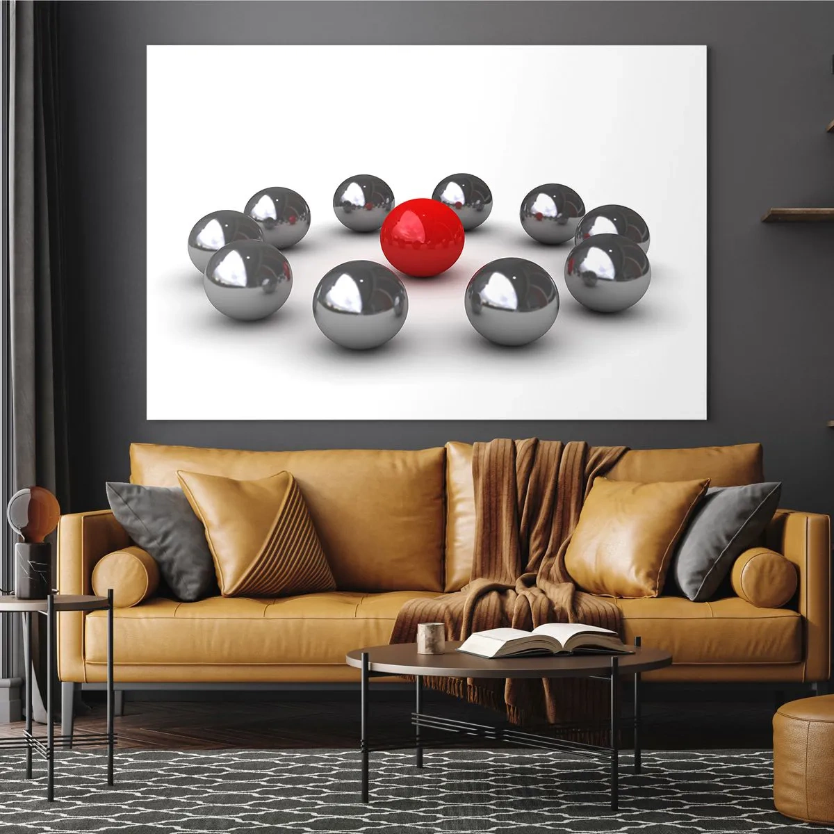 Impression sur verre - Image sur verre - Une boule rouge entourée d'argent sur fond blanc - 70x50cm - Un cercle en argent et rouge - Décoration murale moderne pour le salon et la chambre ARTTOR