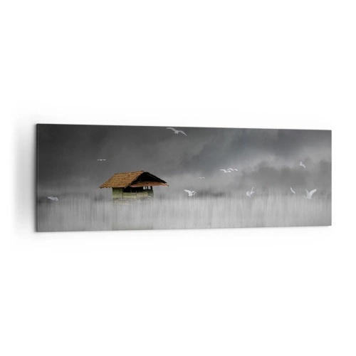 Impression sur toile - Image sur toile - Un chalet solitaire sur l'eau entouré de brouillard et d'oiseaux - 160x50cm - A l'abri de la pluie - Décoration murale moderne pour le salon et la chambre ARTTOR
