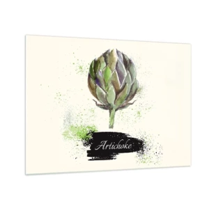 Impression sur verre - Image sur verre - Graphique d'artichaut à l'aquarelle avec le mot Artichaut écrit dessus - 70x50cm - Vive les légumes! - Décoration murale moderne pour le salon et la chambre ARTTOR