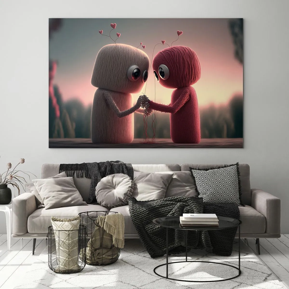 Impression sur verre - Image sur verre - Deux personnages en fil se tenant la main avec des cœurs - 70x50cm - Tout le monde a le droit d'aimer - Décoration murale moderne pour le salon et la chambre ARTTOR