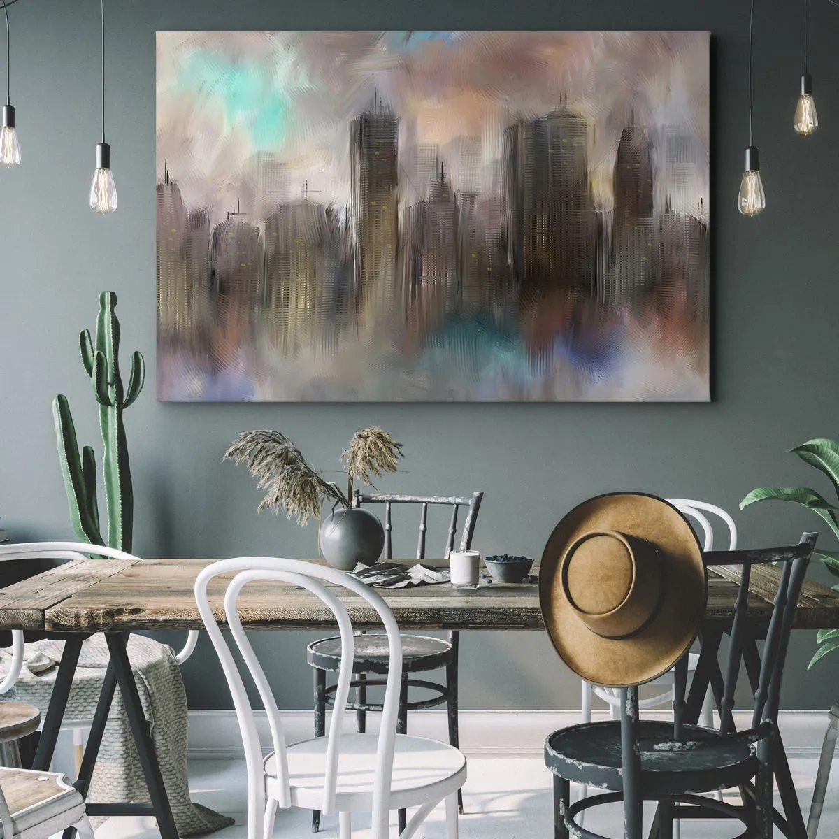 Impression sur toile - Image sur toile - Une vision artistique d'un paysage urbain avec des gratte-ciels aux couleurs pastel. - 70x50cm - Une composition d'acier, de pierre et de brouillard - Décoration murale moderne pour le salon et la chambre ARTTOR