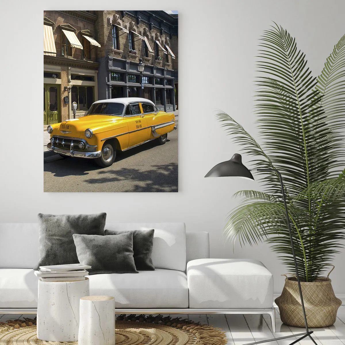 Impression sur verre - Image sur verre - Un taxi jaune dans une rue bordée d'immeubles - 70x100cm - Il y a longtemps en Amérique - Décoration murale moderne pour le salon et la chambre ARTTOR