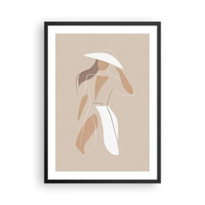 Affiche dans un cadre noir - Poster - Une silhouette minimaliste d'une femme avec un chapeau sur un fond beige. - 50x70cm - Lea mode est un jeu - Décoration murale moderne pour le salon et la chambre ARTTOR