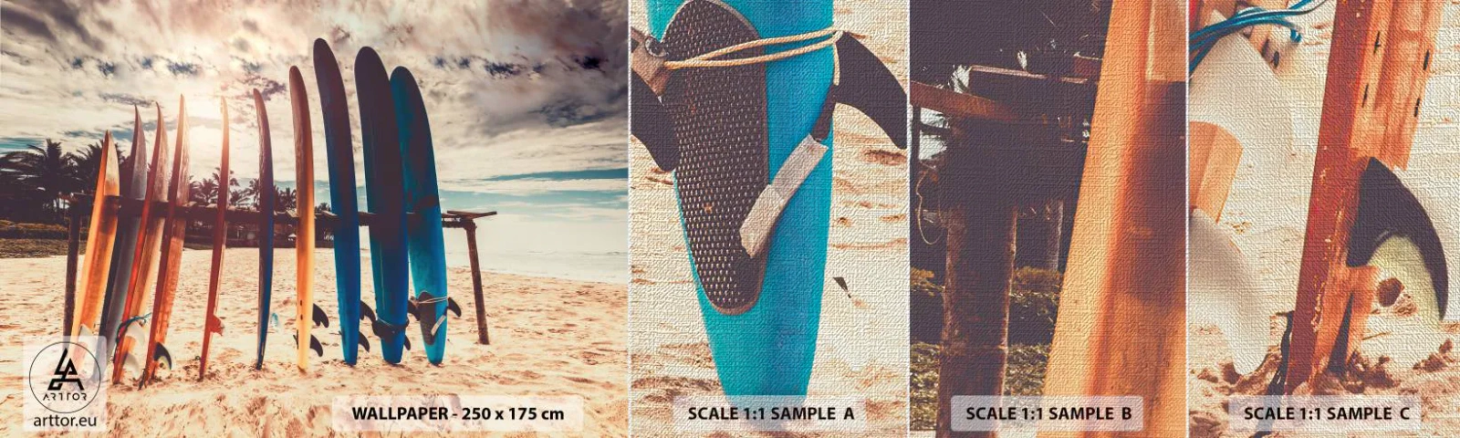 Échantillon de Papier Peint Premium Canvas - Bonne nuit, à demain - Surfant, Paysage, Planche de surf - 100x30 cm