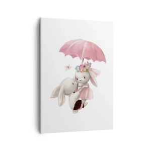 Impression sur toile - Image sur toile - Des lapins mignons sous un parapluie rose - 50x70cm - C'est ça l'amour - Décoration murale moderne pour le salon et la chambre ARTTOR