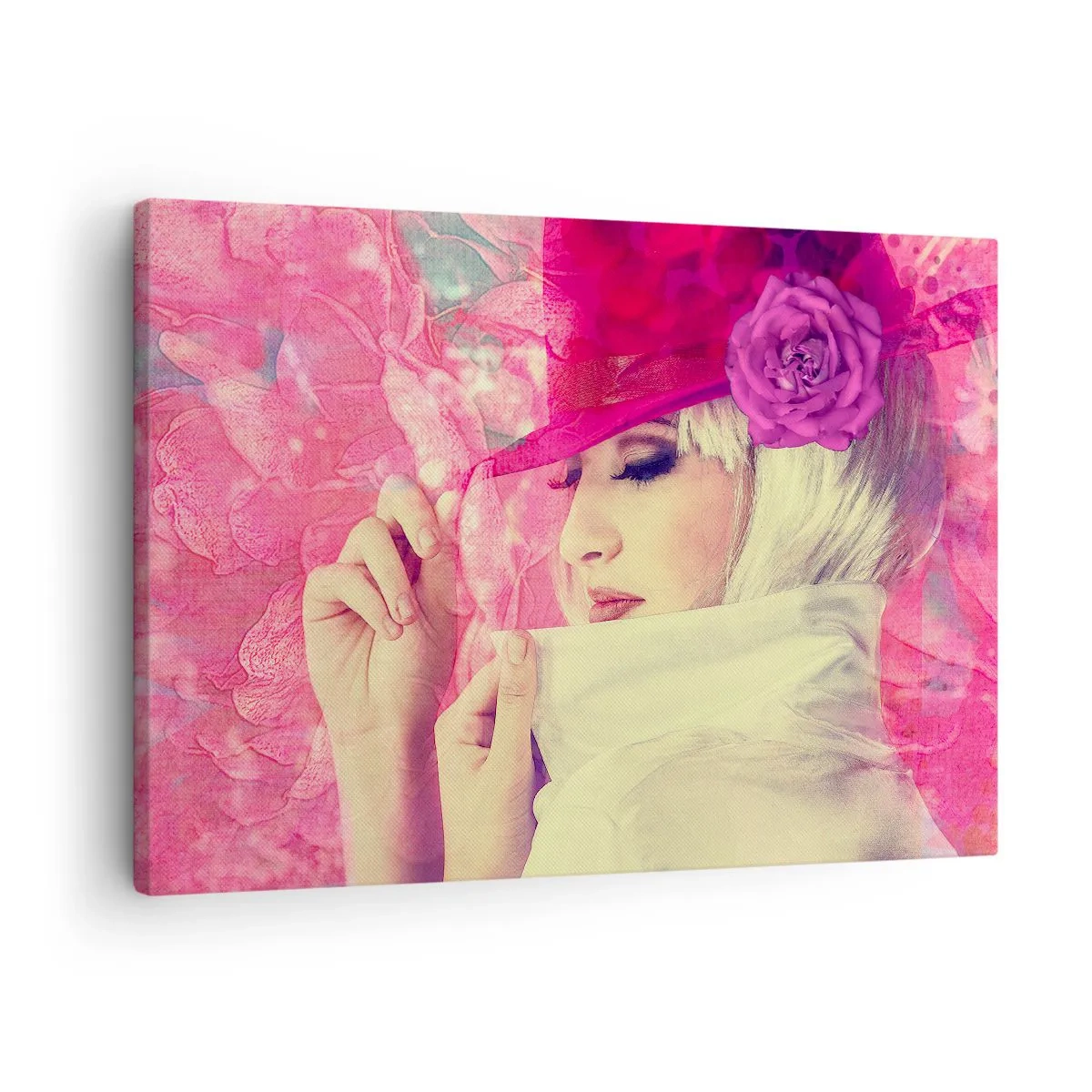 Impression sur toile - Image sur toile - Femme élégante avec un chapeau rose avec une fleur - 70x50cm - Portrait rétro dans une brume rose - Décoration murale moderne pour le salon et la chambre ARTTOR