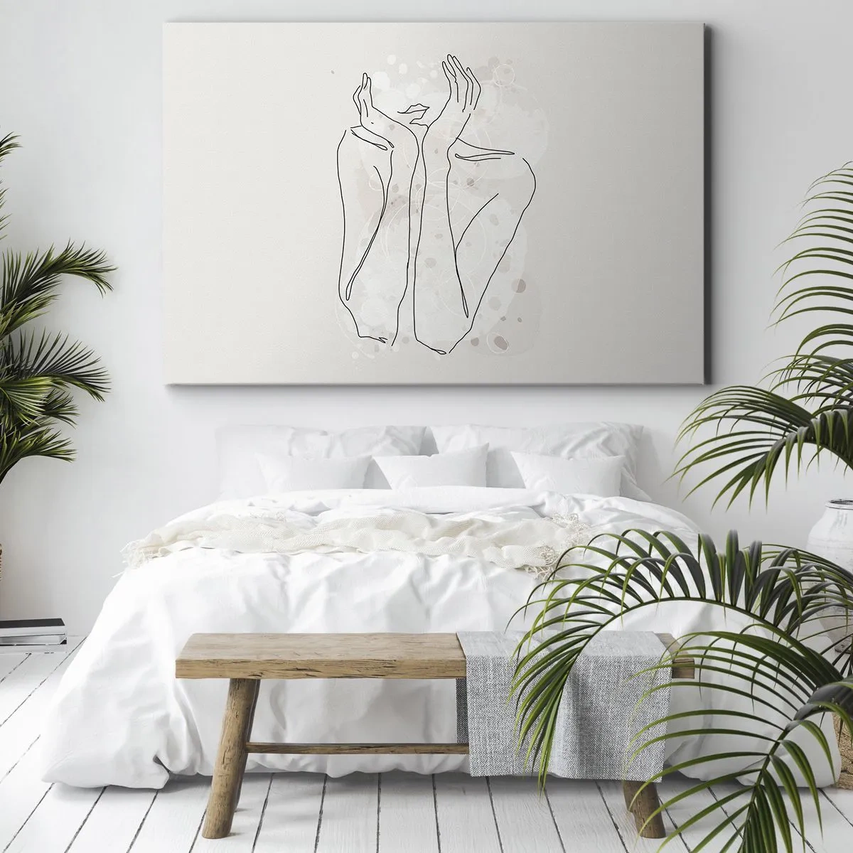 Impression sur toile - Image sur toile - Ligne de contour montrant les mains d'une femme sur un fond clair - 70x50cm - Instant de rêve - Décoration murale moderne pour le salon et la chambre ARTTOR