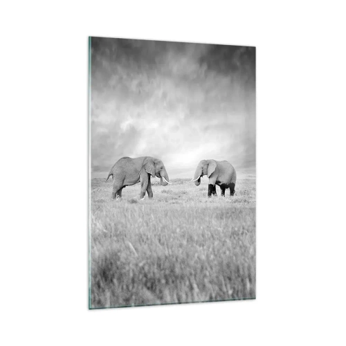 Impression sur verre - Image sur verre - Deux éléphants sur fond de savane africaine - 80x120cm - Le gris est beau - Décoration murale moderne pour le salon et la chambre ARTTOR