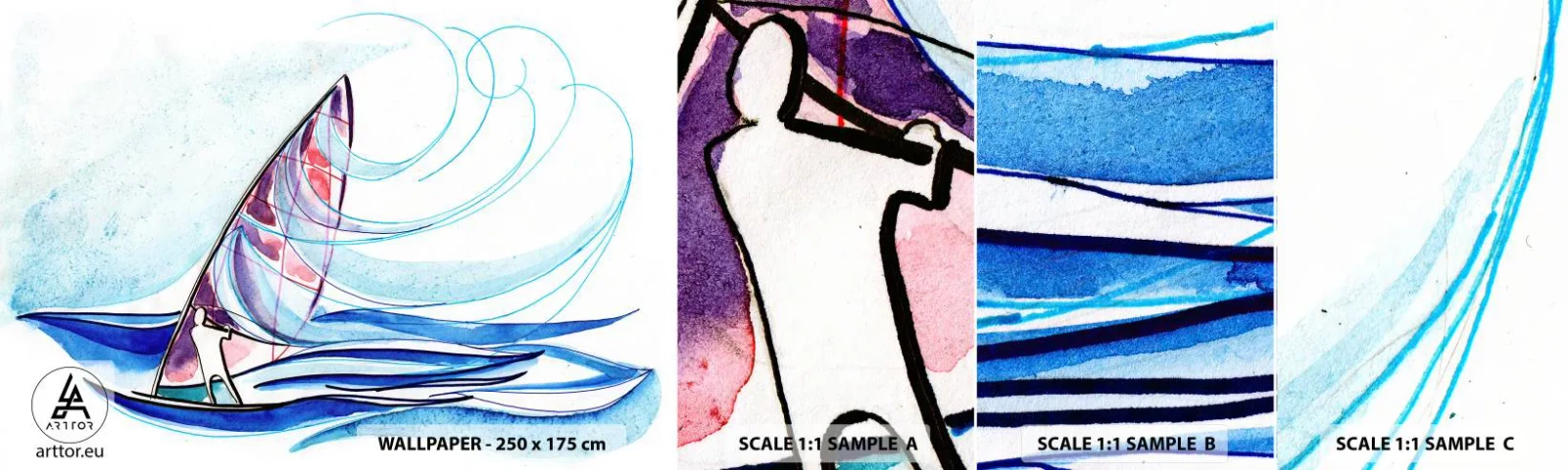 Échantillon de Papier Peint Autocollant Deluxe Sticker - Avec le vent au rythme des vagues - Planche à voile, sport, Mer - 100x30 cm