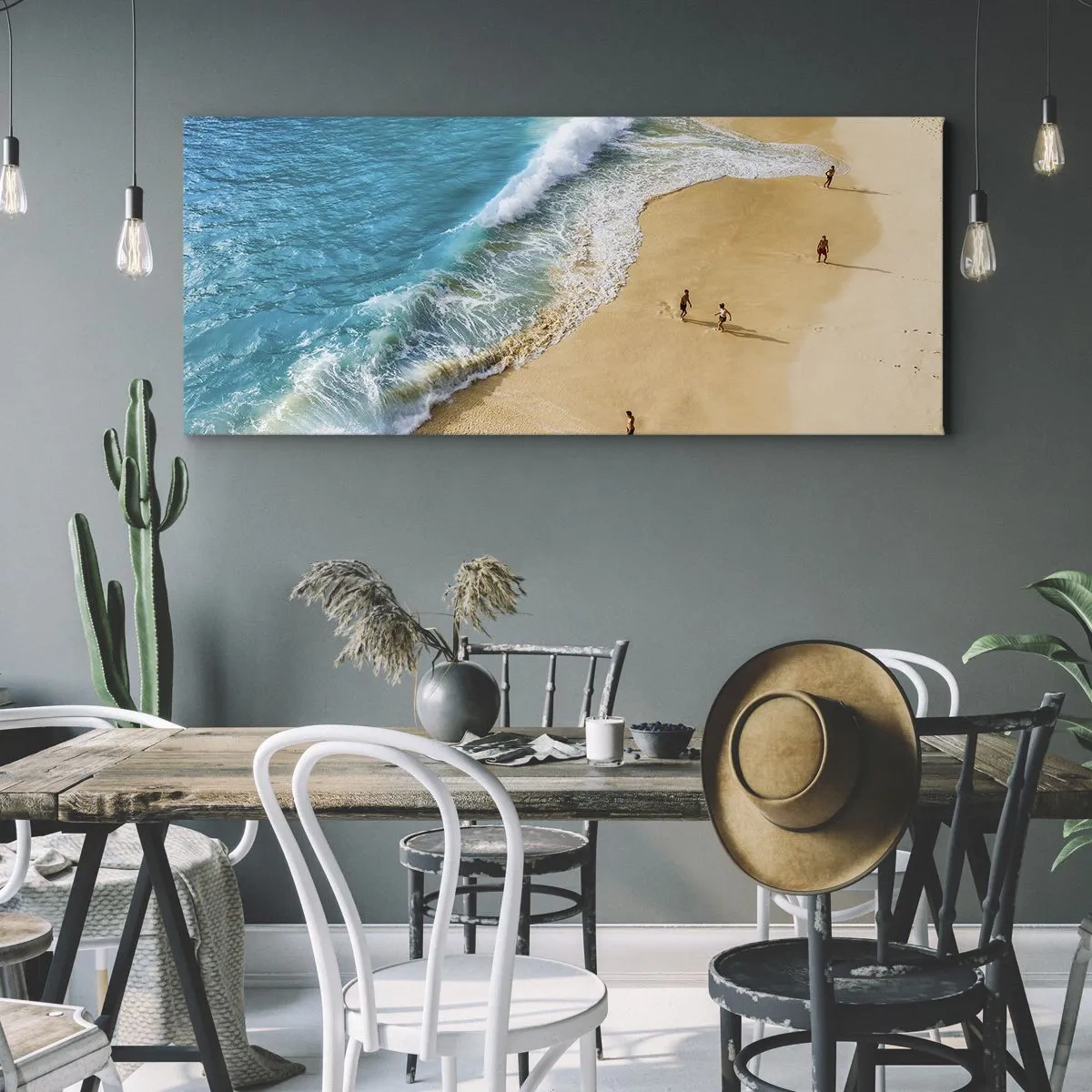 Impression sur toile - Image sur toile - Une plage avec de l'eau turquoise et des gens qui se promènent - 120x50cm - Et ensuite le soleil, la plage… - Décoration murale moderne pour le salon et la chambre ARTTOR