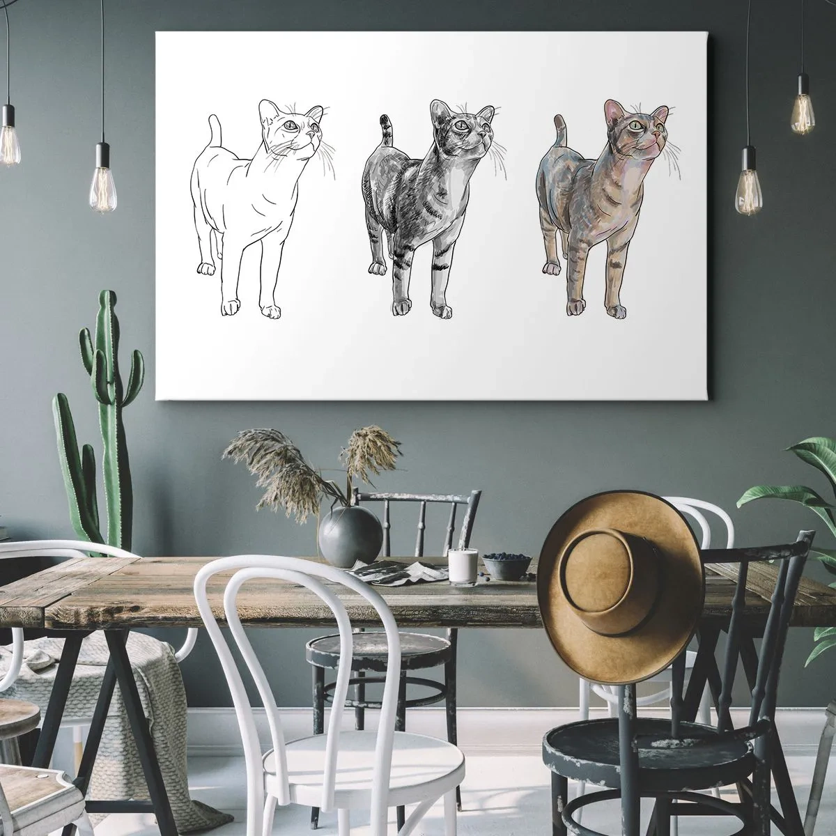 Impression sur toile - Image sur toile - L'évolution d'un dessin de chat, de l'esquisse à la forme colorée - 100x70cm - Leçon de dessin - Décoration murale moderne pour le salon et la chambre ARTTOR