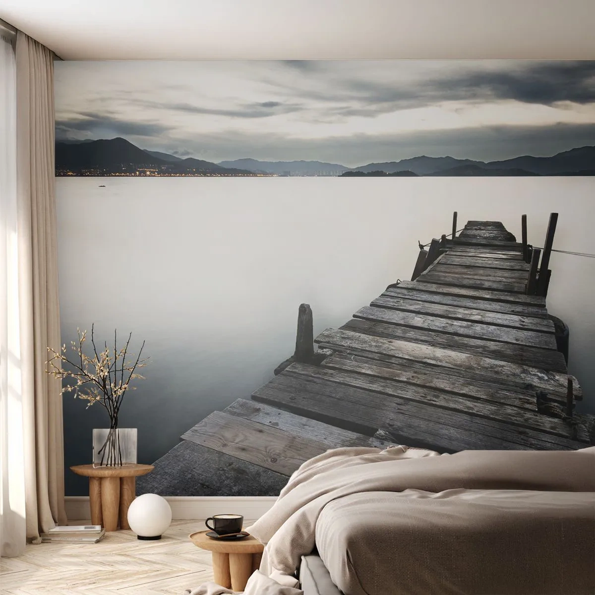 Papier Peint Photo Premium Sand - Immergez-vous dans la paix - Paysage, Lac, Pont de bois - 400x280 cm