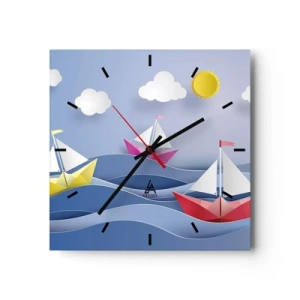 Horloge murale - Pendule murale - Voiliers colorés sur les vagues par une journée ensoleillée - 30x30cm - Ah qu'il est agréable de se balancer dans les vagues - Décoration murale moderne pour le salon et la chambre ARTTOR
