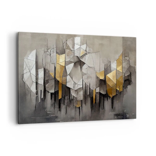 Impression sur toile - Image sur toile - Abstraction géométrique dans les tons d'or et de gris - 100x70cm - Composition de glace et de lumière - Décoration murale moderne pour le salon et la chambre ARTTOR