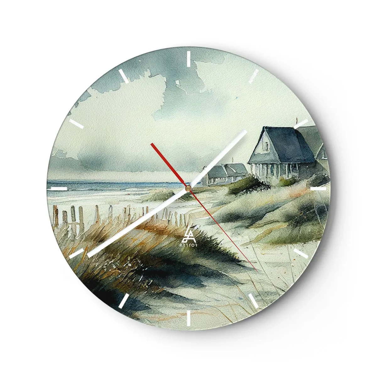 Horloge murale - Pendule murale - Maisons de dunes de style aquarelle sur un bord de mer calme - 30x30cm - Loin de l'agitation - Décoration murale moderne pour le salon, la cuisine et la chambre ARTTOR