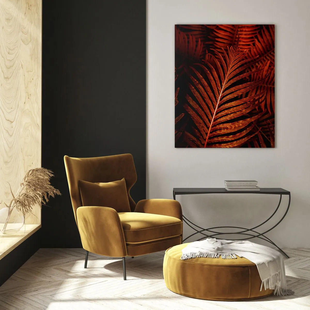 Impression sur verre - Image sur verre - Feuilles rouges d'une plante tropicale sur fond sombre - 50x70cm - Chaleur de la vie - Décoration murale moderne pour le salon et la chambre ARTTOR