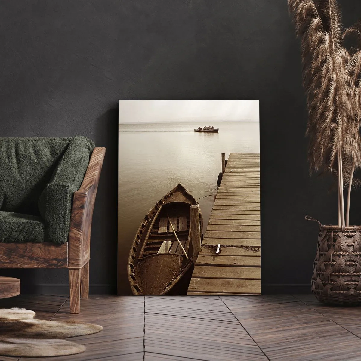 Impression sur toile - Image sur toile - Jetée en bois et bateau sur un lac calme - 70x100cm - Le grand silence - Décoration murale moderne pour le salon et la chambre ARTTOR