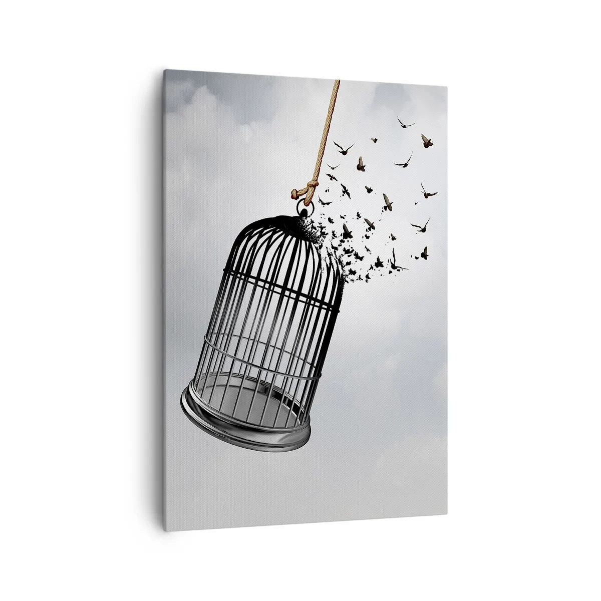Impression sur toile - Image sur toile - Des oiseaux s'envolent d'une cage dans le ciel - 70x100cm - Foie...Espoir...Liberté! - Décoration murale moderne pour le salon et la chambre ARTTOR