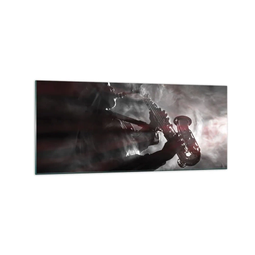 Impression sur verre - Image sur verre - Saxophoniste en fumée sur scène en noir et rouge atmosphérique - 120x50cm - Dans les brumes du jazz - Décoration murale moderne pour le salon et la chambre ARTTOR