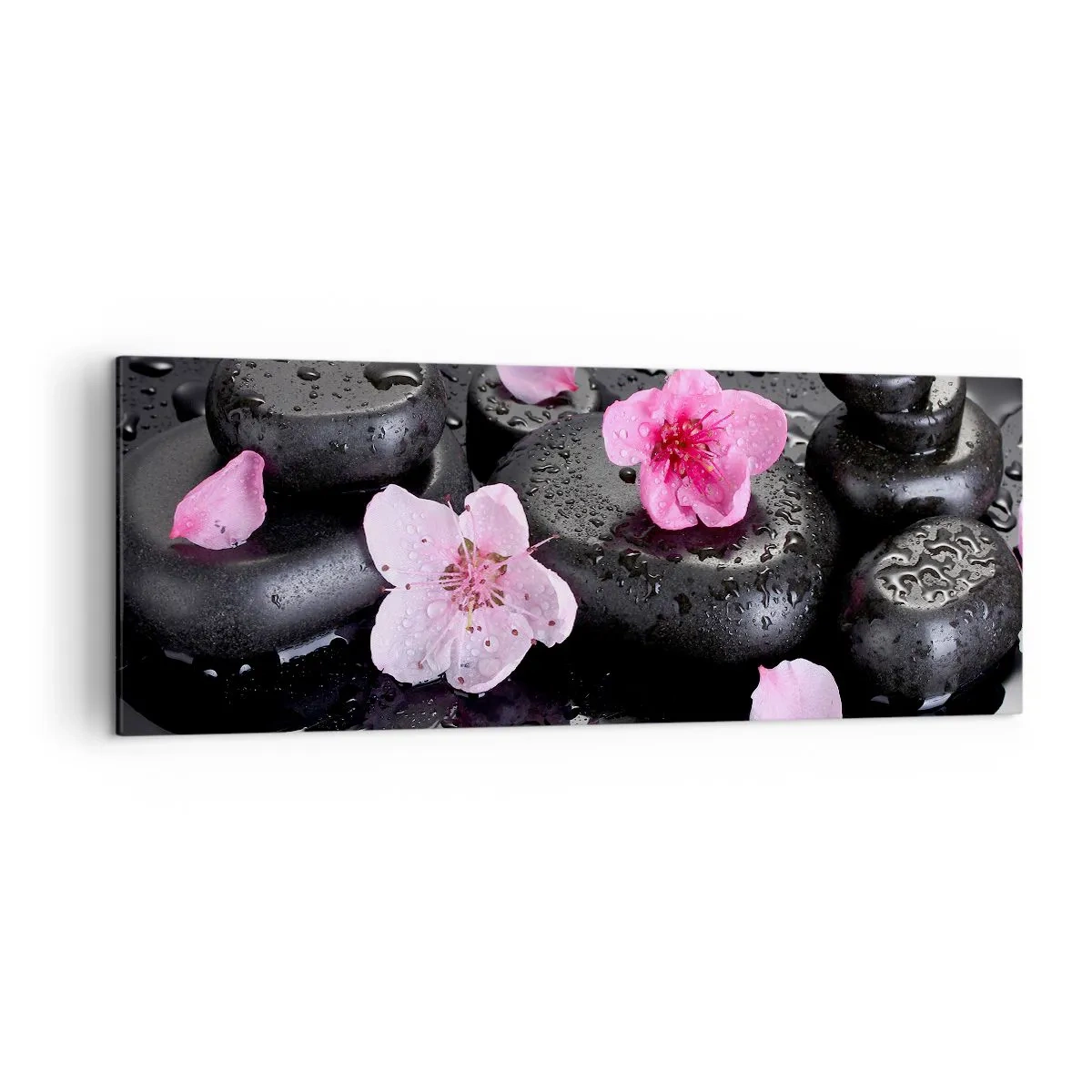 Impression sur toile - Image sur toile - Pierres noires et fleurs roses style spa - 140x50cm - Et le cœur s'allège soudainement - Décoration murale moderne pour le salon et la chambre ARTTOR