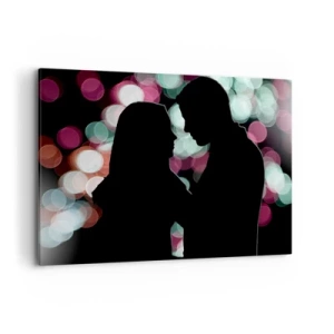 Impression sur toile - Image sur toile - Silhouettes d'un couple sur fond de lumières bokeh colorées - 100x70cm - Oui! - Décoration murale moderne pour le salon et la chambre ARTTOR