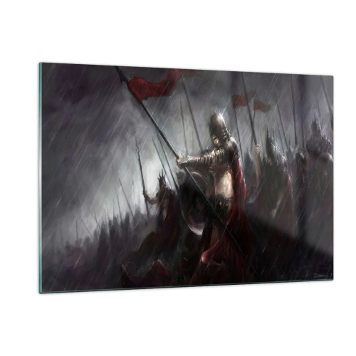 Impression sur verre - Image sur verre - Chevaliers sous la pluie sur le champ de bataille en tenue complète - 120x80cm - Passant, dis à Sparte… - Décoration murale moderne pour le salon et la chambre ARTTOR