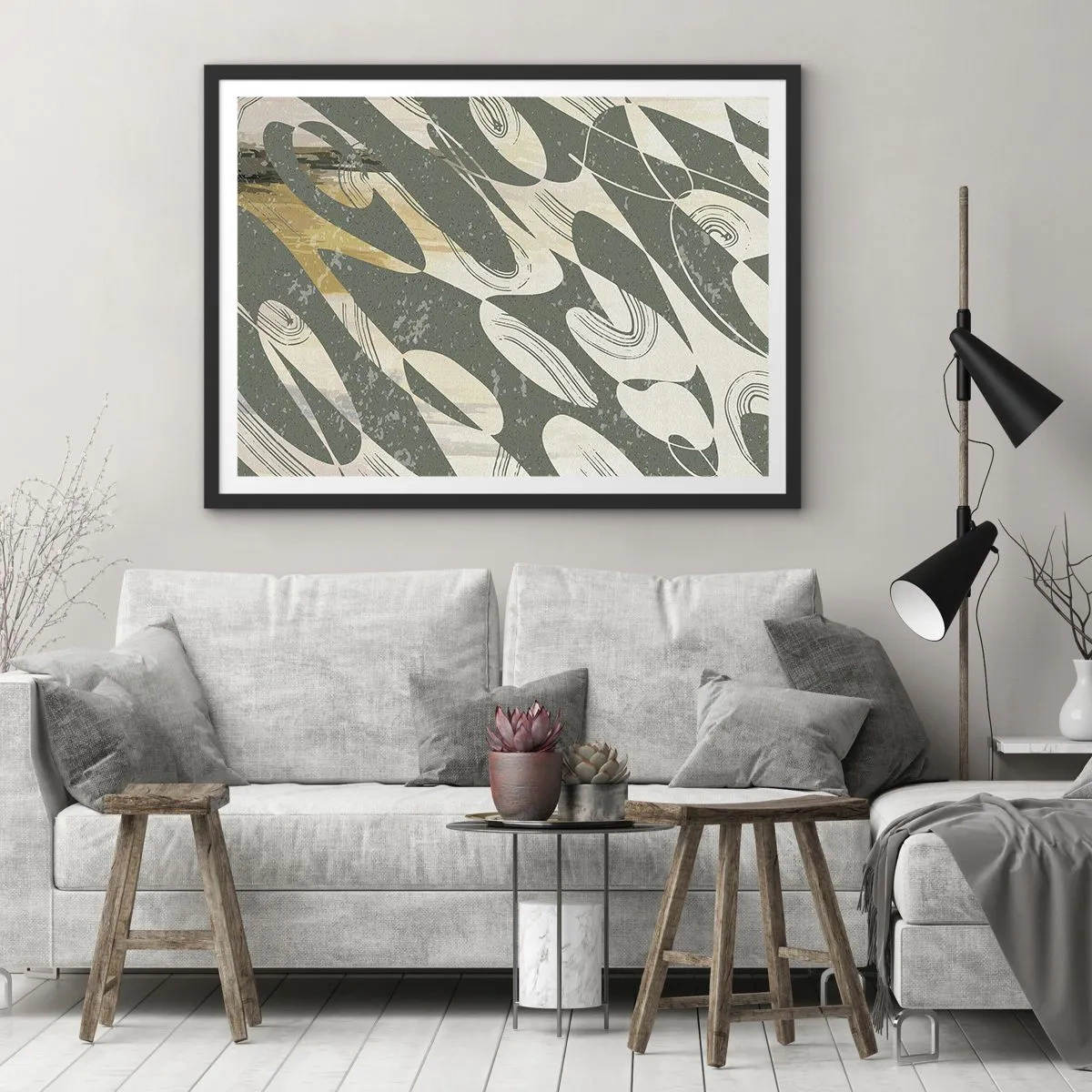 Affiche dans un cadre noir - Poster - Formes dynamiques dans des tons de vert et d'or - 100x70cm - Abstraction rythmique - Décoration murale moderne pour le salon et la chambre ARTTOR