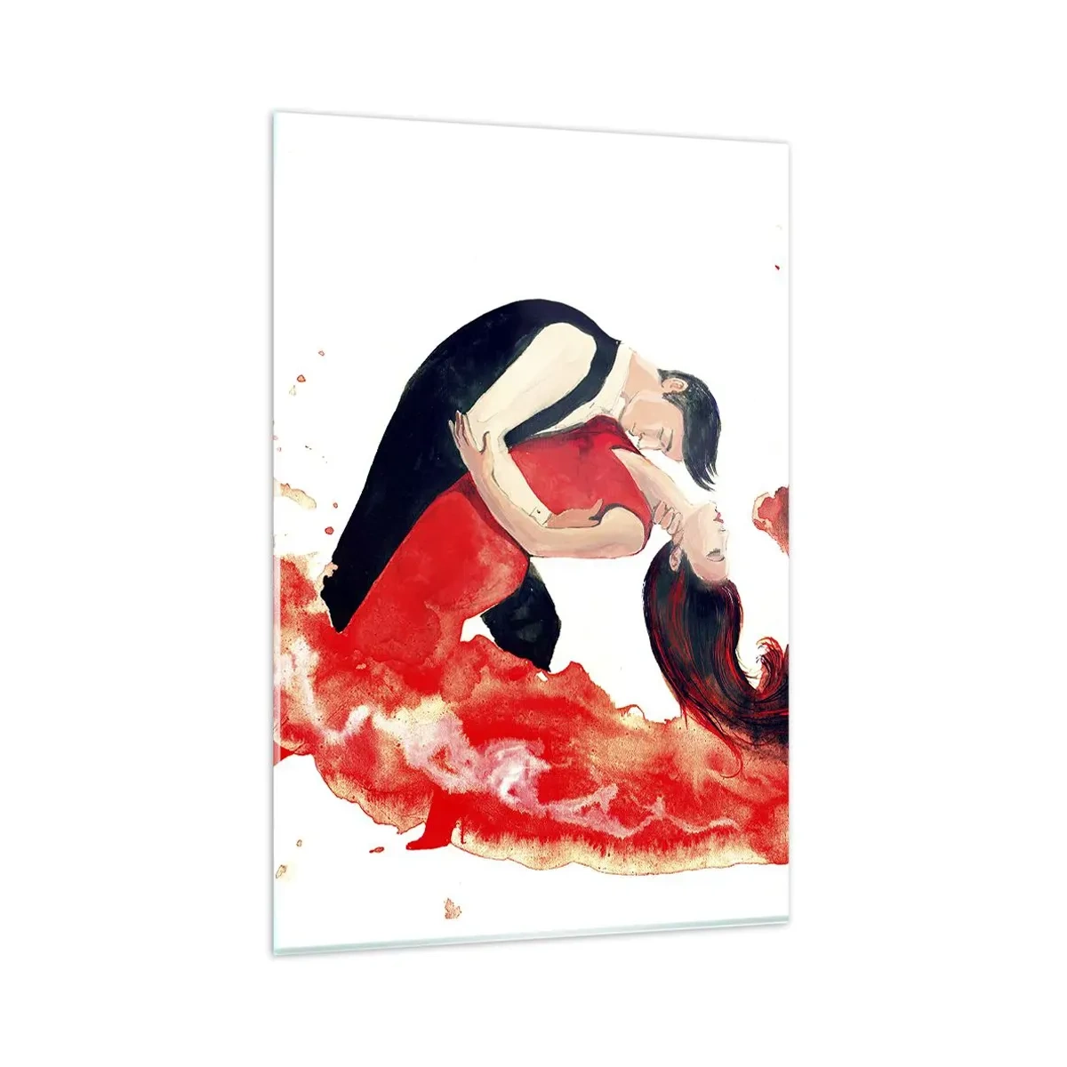 Impression sur verre - Image sur verre - Une aquarelle dynamique d'un couple dansant aux couleurs rouges. - 80x120cm - Tango - une vague sensuelle - Décoration murale moderne pour le salon et la chambre ARTTOR