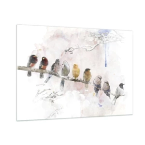 Impression sur verre - Image sur verre - Oiseaux colorés sur une branche dans un style pictural - 100x70cm - Rencontre ailée - Décoration murale moderne pour le salon et la chambre ARTTOR