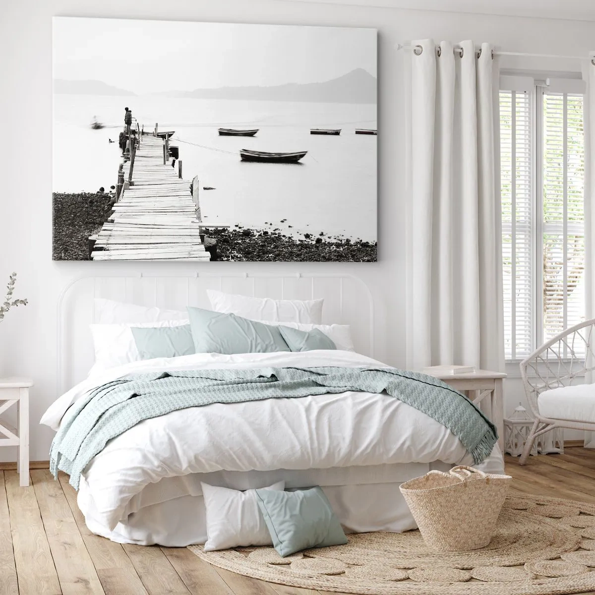 Impression sur toile - Image sur toile - Jetée en bois et bateaux sur une eau calme - 100x70cm - Calme et propre au bord de l'eau - Décoration murale moderne pour le salon et la chambre ARTTOR