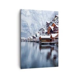 Impression sur toile - Image sur toile - Vue hivernale d'un village de montagne au bord du lac - 50x70cm - En décoration hivernale - Décoration murale moderne pour le salon et la chambre ARTTOR